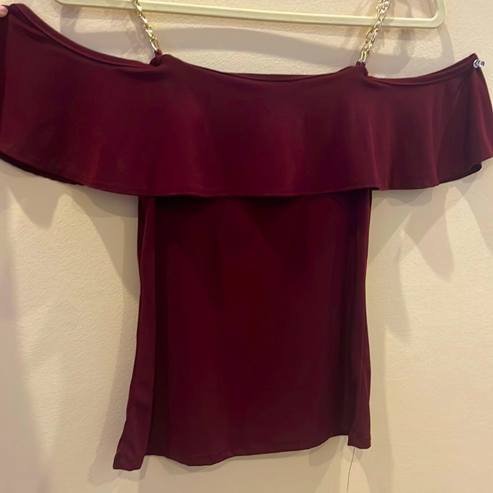 Red wine off the shoulder top with gold chains